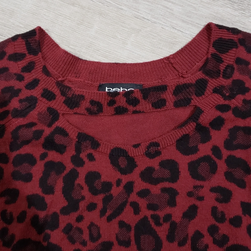 Bebe Red Leopard Print Sweater Ruby Red Black Key… - image 3